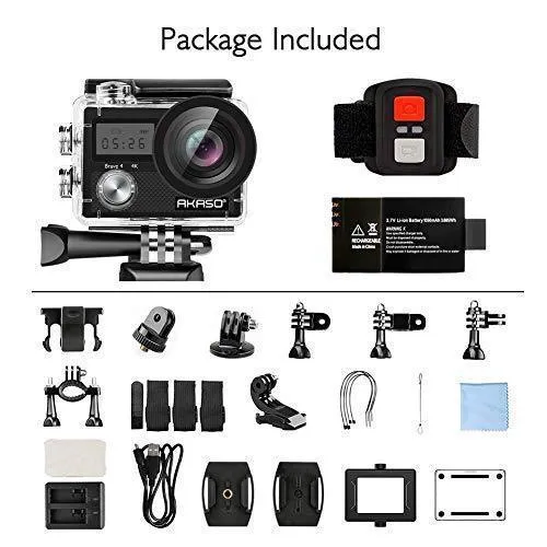 AKASO Brave 4 4K 20MP WiFi Action Camera Ultra HD with EIS 30m Underwater Waterproof Camera Remote Control 5X Zoom Underwater Camcorder with 2 Batteries and Helmet Accessories Kit