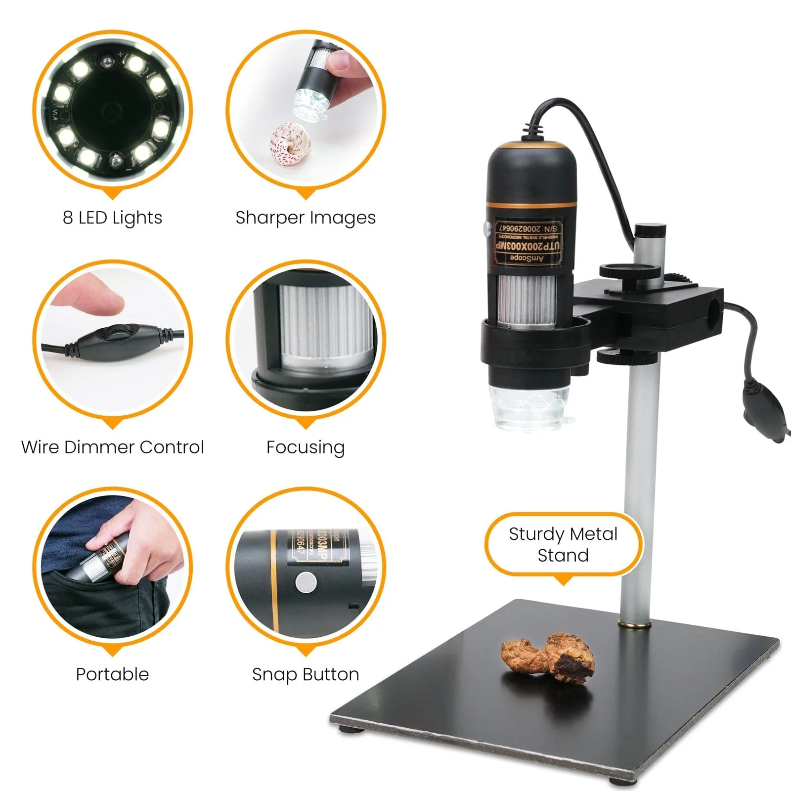 AmScope UTP Series STEM 0.3MP USB Handheld Digital Microscope on Track Stand with Bacteria Science Kit
