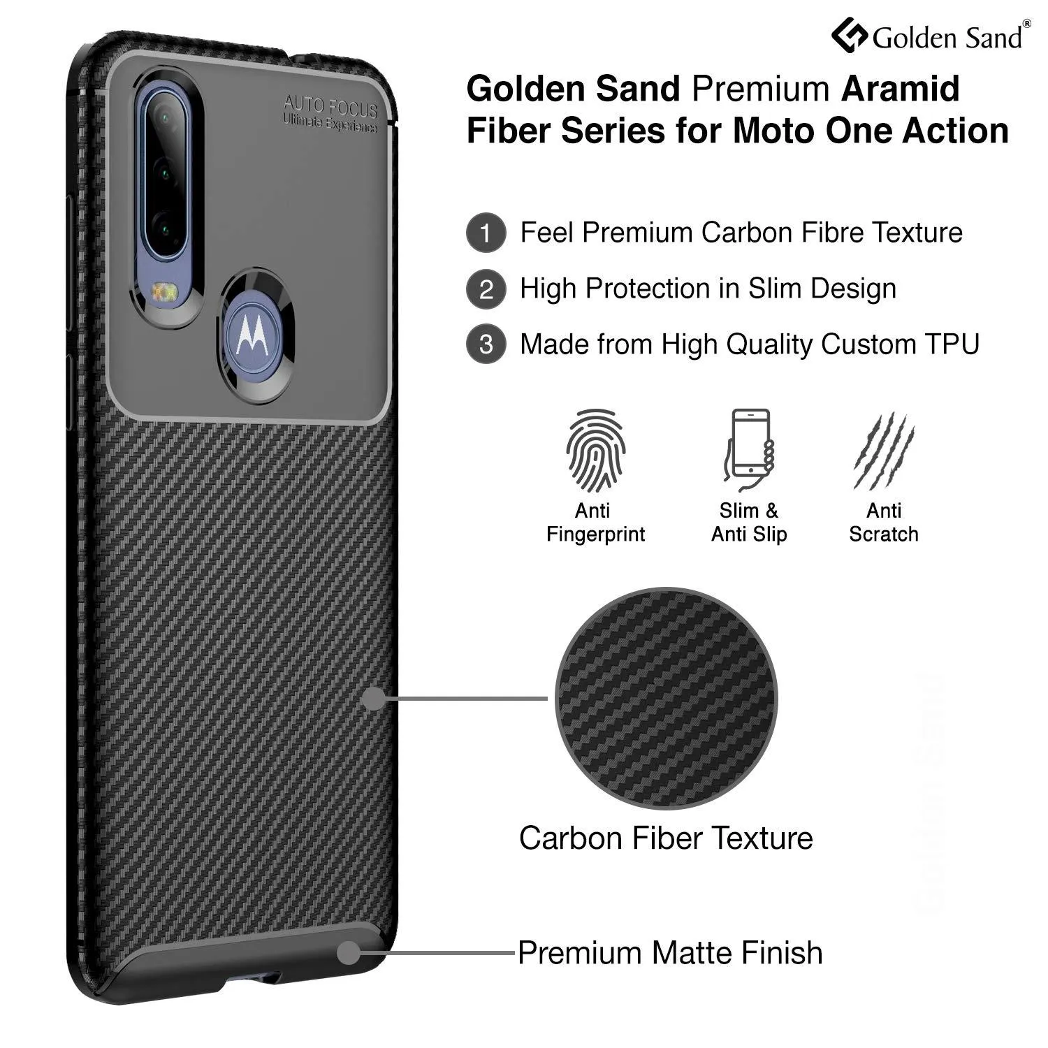 Aramid Fibre Series Shockproof Armor Back Cover for Moto One Action 6.3 inch, Black