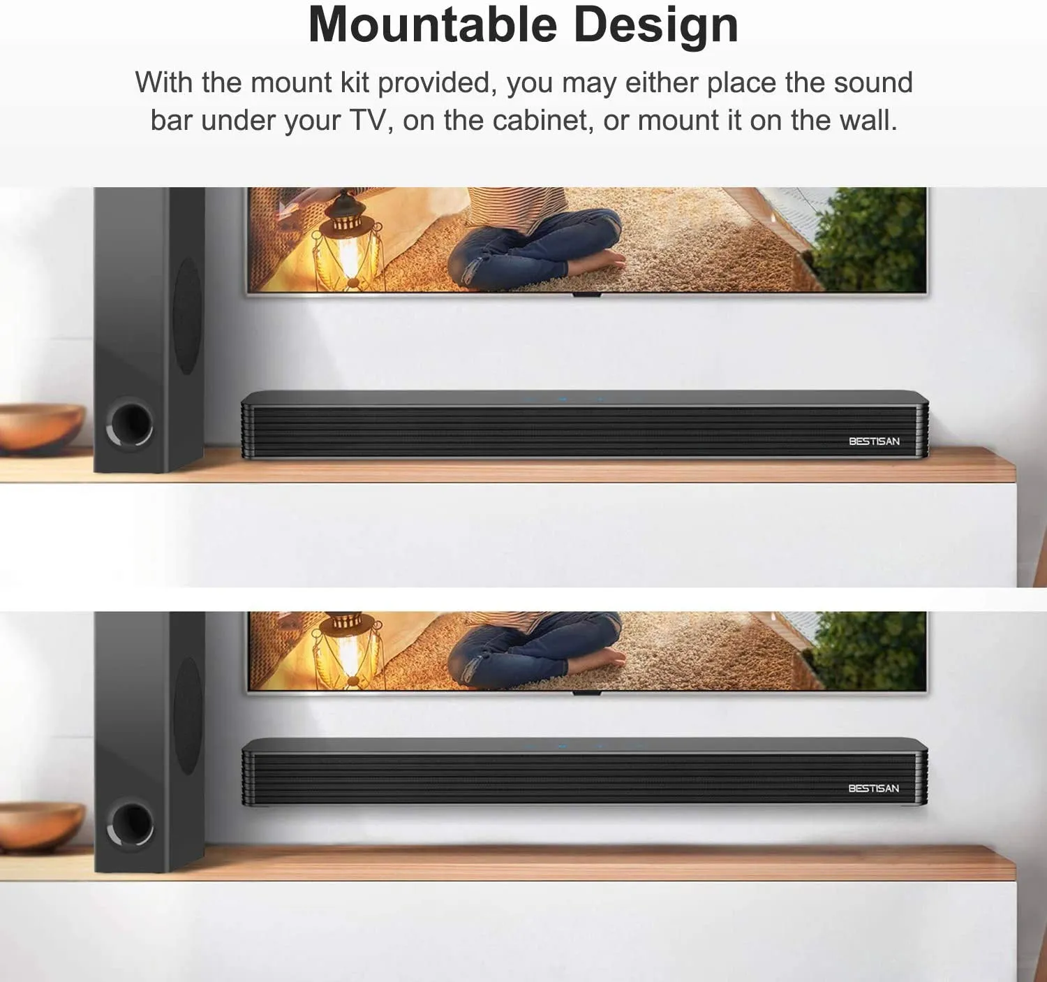 Bestisan Sound Bar/TV Sound Bar with Wired Subwoofer, 120W 2.1 Soundbar, Wired &amp; Wireless Bluetooth 5.0 Speaker for TV, 25 Inch, Optical/Aux/Coaxial, Bass Adjustable Surround Sound for Home Theater | Open Box