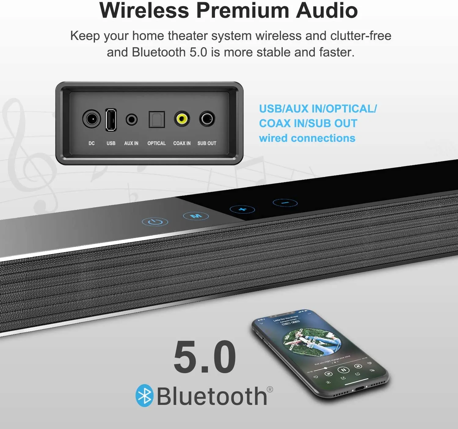 Bestisan Sound Bar/TV Sound Bar with Wired Subwoofer, 120W 2.1 Soundbar, Wired &amp; Wireless Bluetooth 5.0 Speaker for TV, 25 Inch, Optical/Aux/Coaxial, Bass Adjustable Surround Sound for Home Theater | Open Box