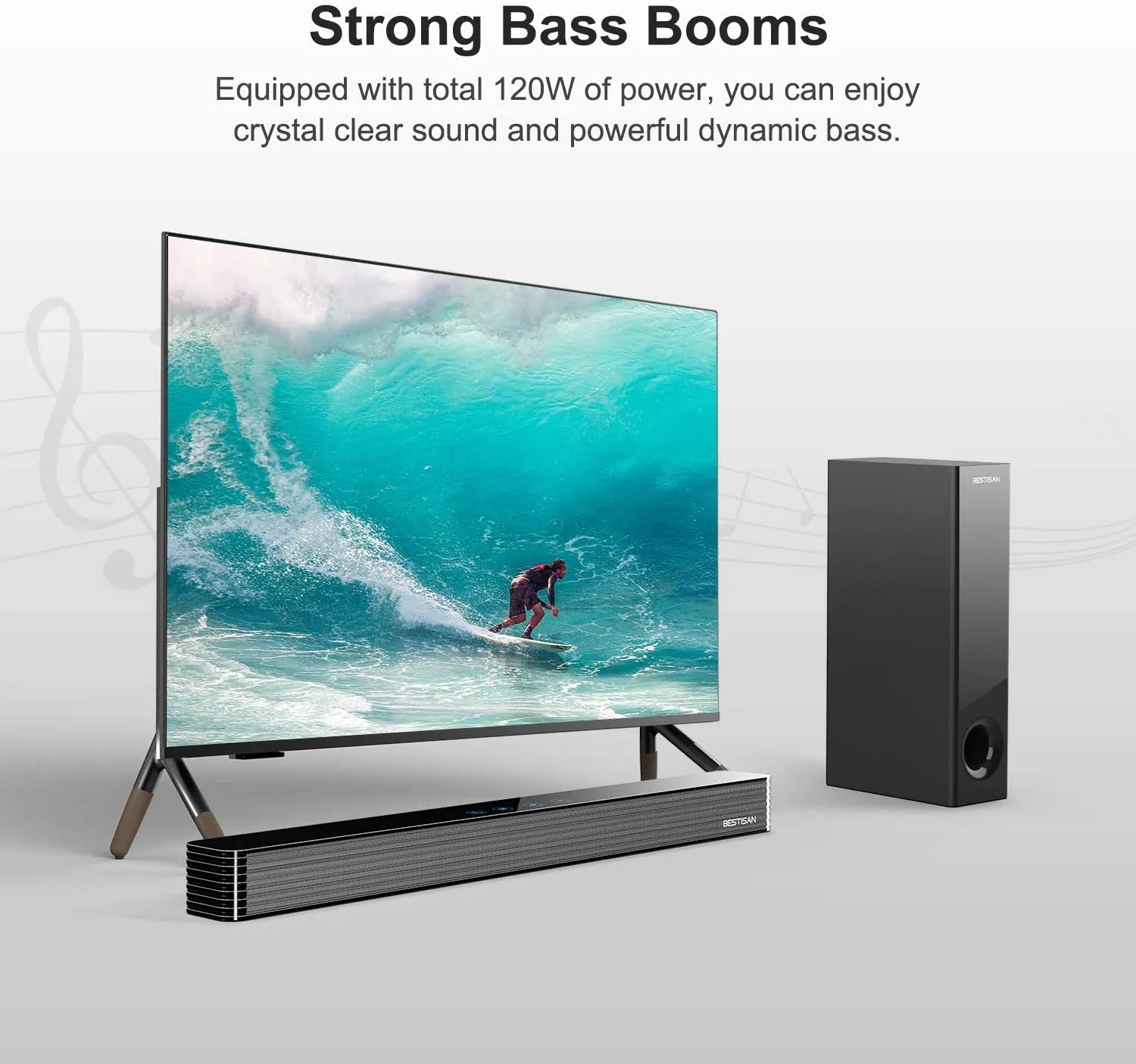 Bestisan Sound Bar/TV Sound Bar with Wired Subwoofer, 120W 2.1 Soundbar, Wired &amp; Wireless Bluetooth 5.0 Speaker for TV, 25 Inch, Optical/Aux/Coaxial, Bass Adjustable Surround Sound for Home Theater | Open Box