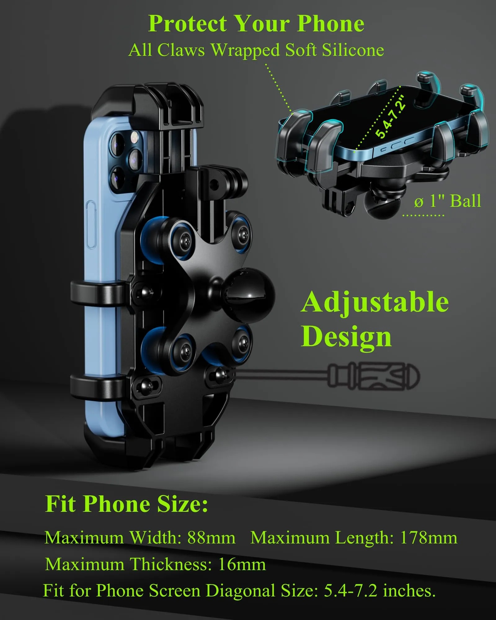 BRCOVAN Motorcycle Phone Holder with Vibration Dampener, Anti-Shake Motorcycle Phone Mount, Adjustable Handlebar Cellphone Holder for Motorcycle Bike Bicycle Scooter ATV Fit 5.4''-7.2'' Smartphone