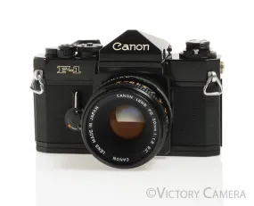 Canon F1 F-1 Black 35mm Camera Body w/ 50mm f1.8 Lens -New Seals- [Near Mint]