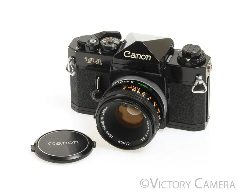 Canon F1 F-1 Black 35mm Camera Body w/ 50mm f1.8 Lens -New Seals- [Near Mint]