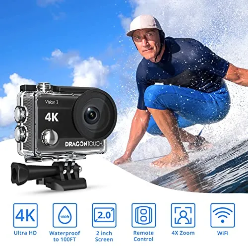 Dragon Touch 4K Action Camera 20MP Vision 3 Underwater Waterproof Camera