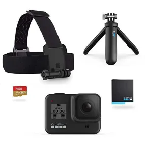 GoPro Hero8 Black Retail Bundle - Includes Hero8 Black Camera Plus Shorty, Head Strap, 32GB SD Card, and 2 Rechargeable Batteries