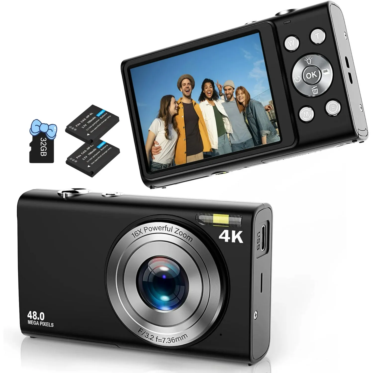 HICSHON DC402 Digital Camera 4K 48MP w/ 32GB TF Card for Teens Adult Beginner Kids, Black