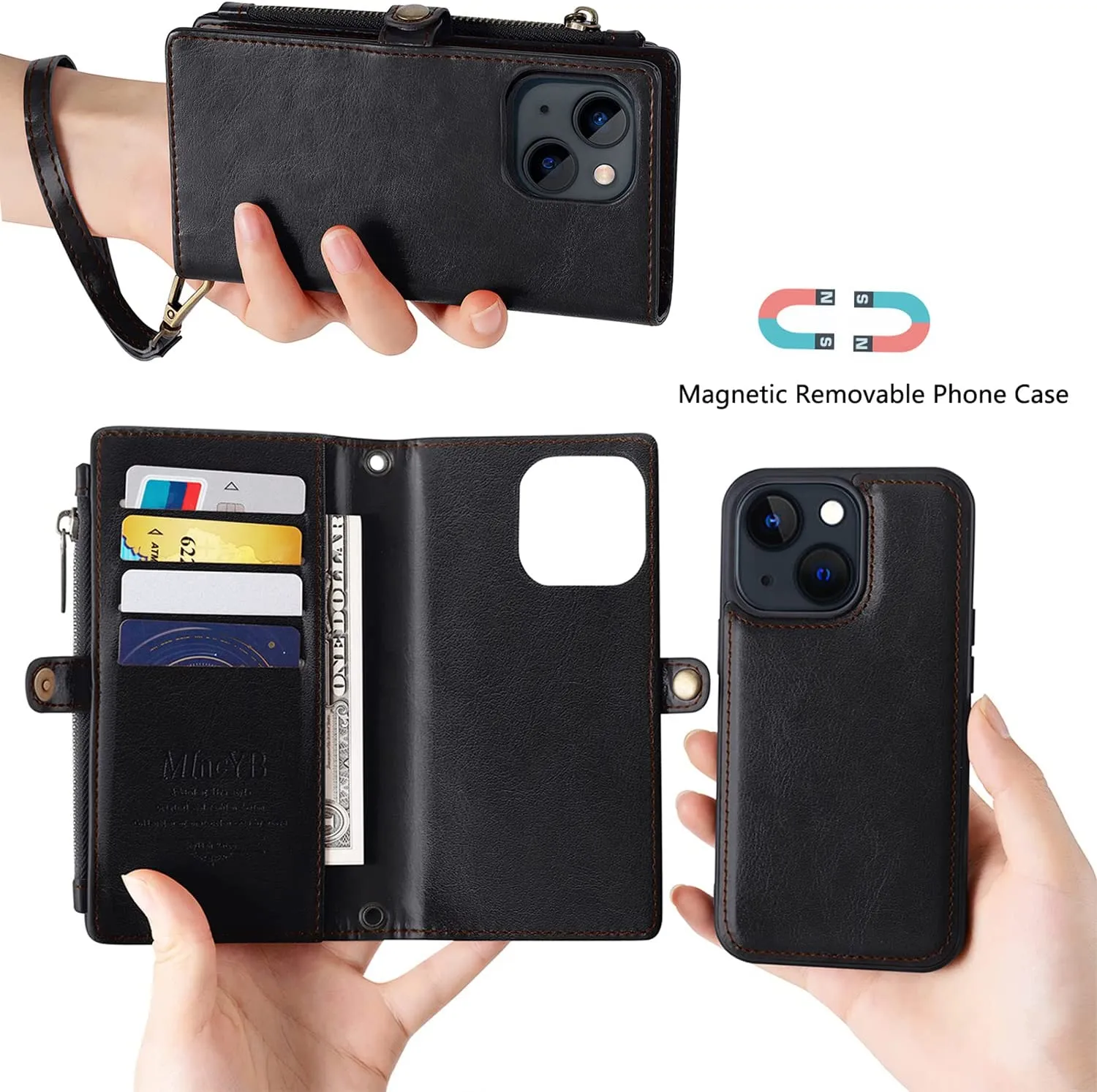 iPhone 14 Pro Max Wallet Case, Zipper Case Holder Slots Leather Cover Max