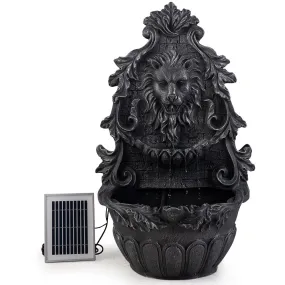 Lion Head Solar Water Fountain with LED, Polyresin, Dark Grey