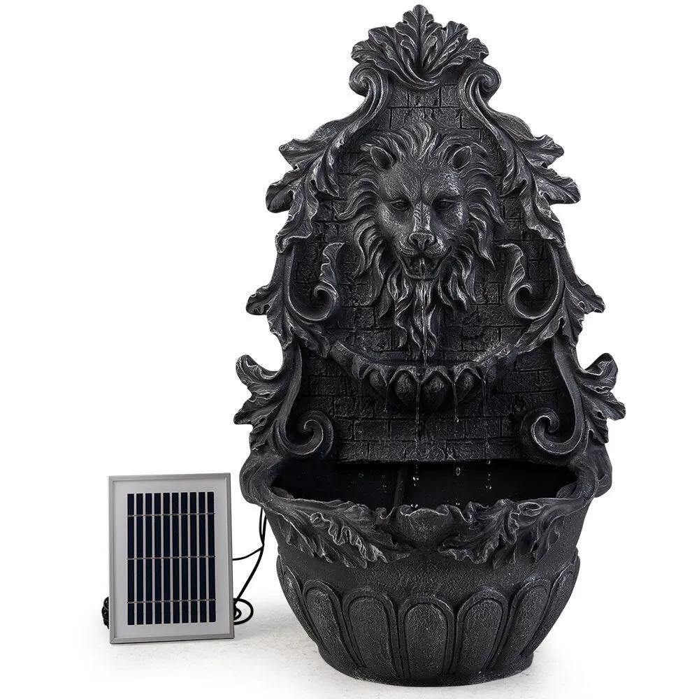 Lion Head Solar Water Fountain with LED, Polyresin, Dark Grey