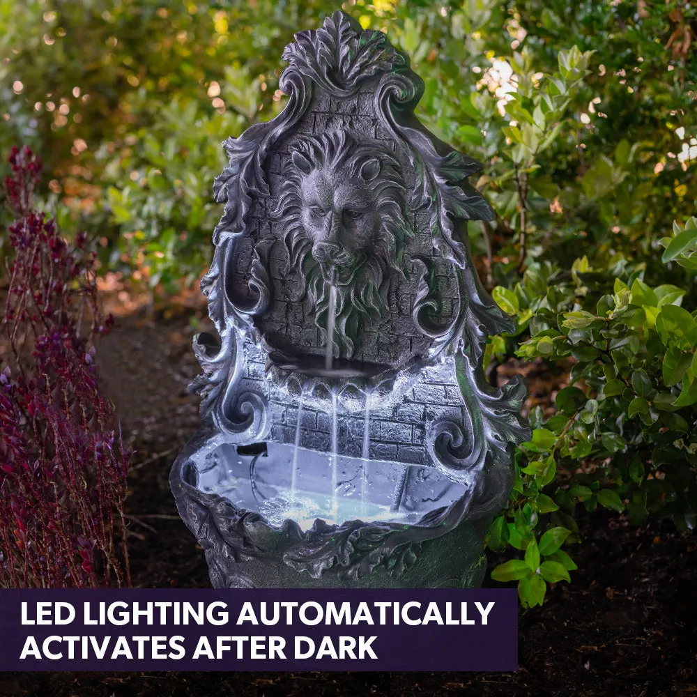 Lion Head Solar Water Fountain with LED, Polyresin, Dark Grey