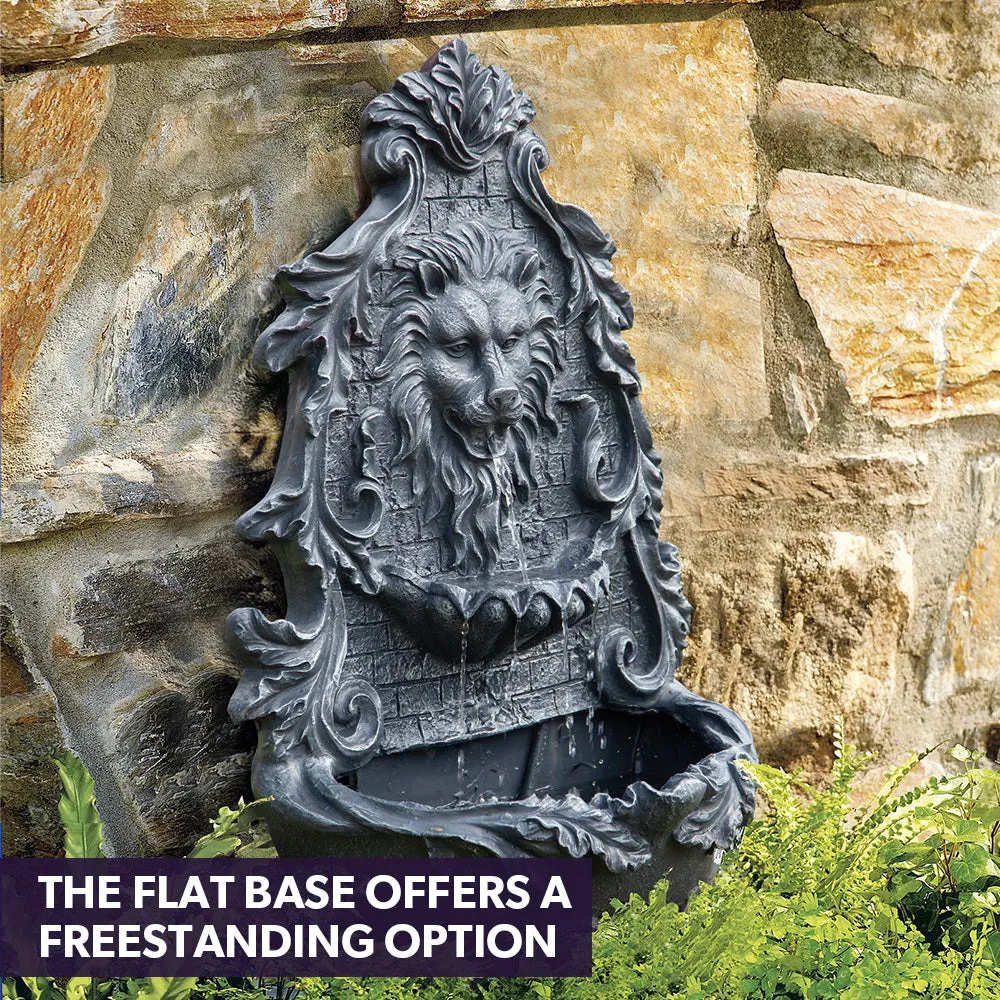 Lion Head Solar Water Fountain with LED, Polyresin, Dark Grey