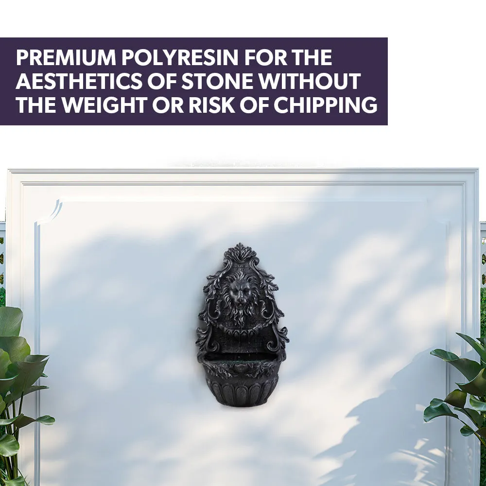 Lion Head Solar Water Fountain with LED, Polyresin, Dark Grey