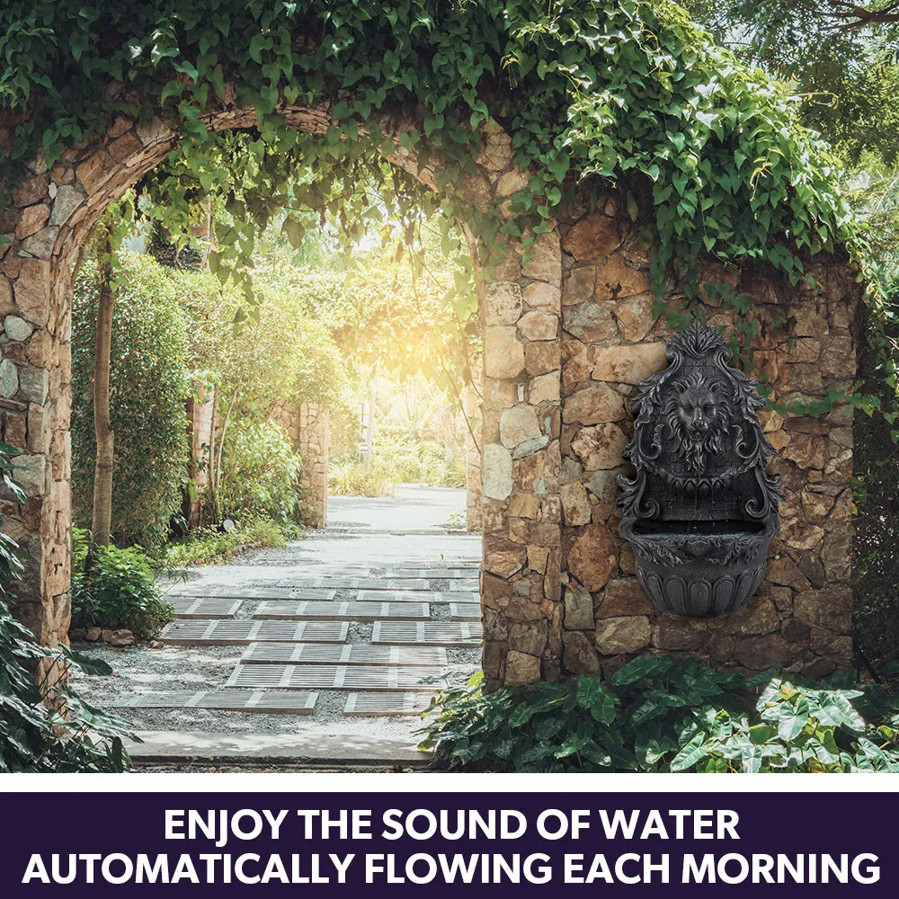 Lion Head Solar Water Fountain with LED, Polyresin, Dark Grey
