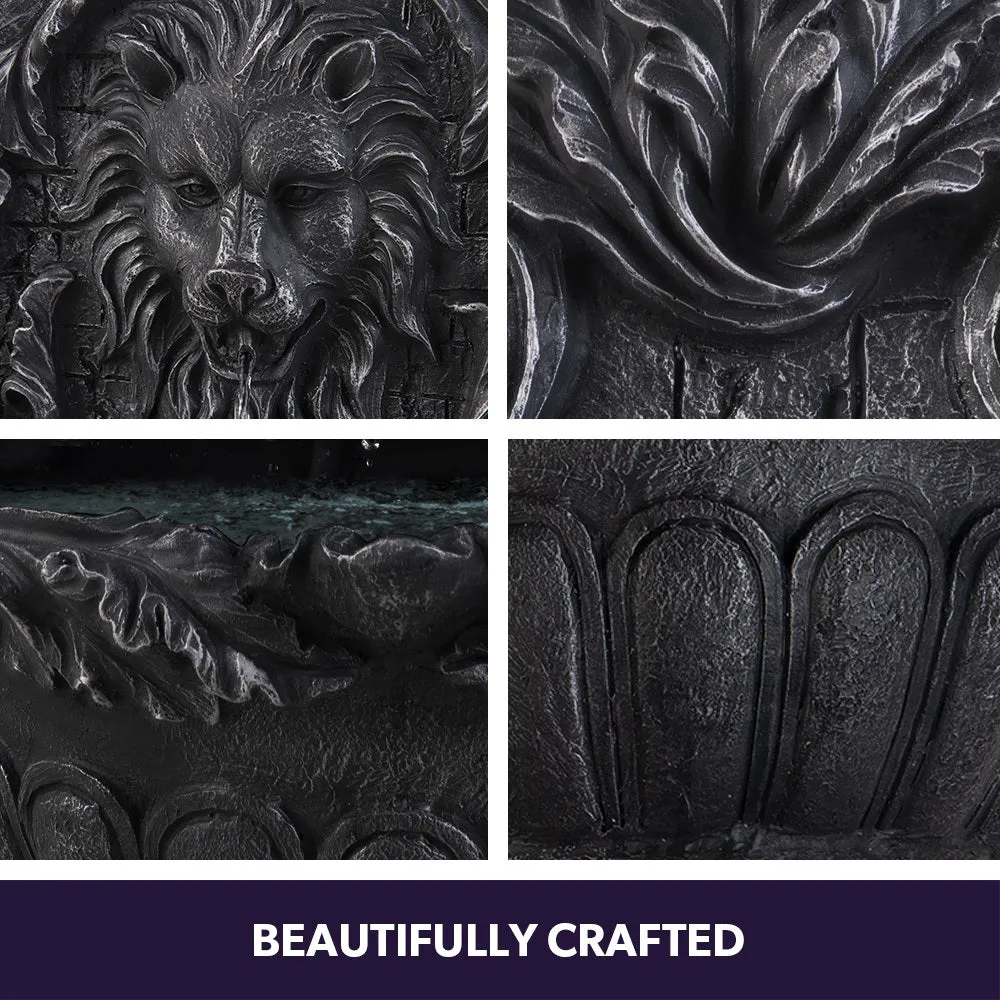 Lion Head Solar Water Fountain with LED, Polyresin, Dark Grey