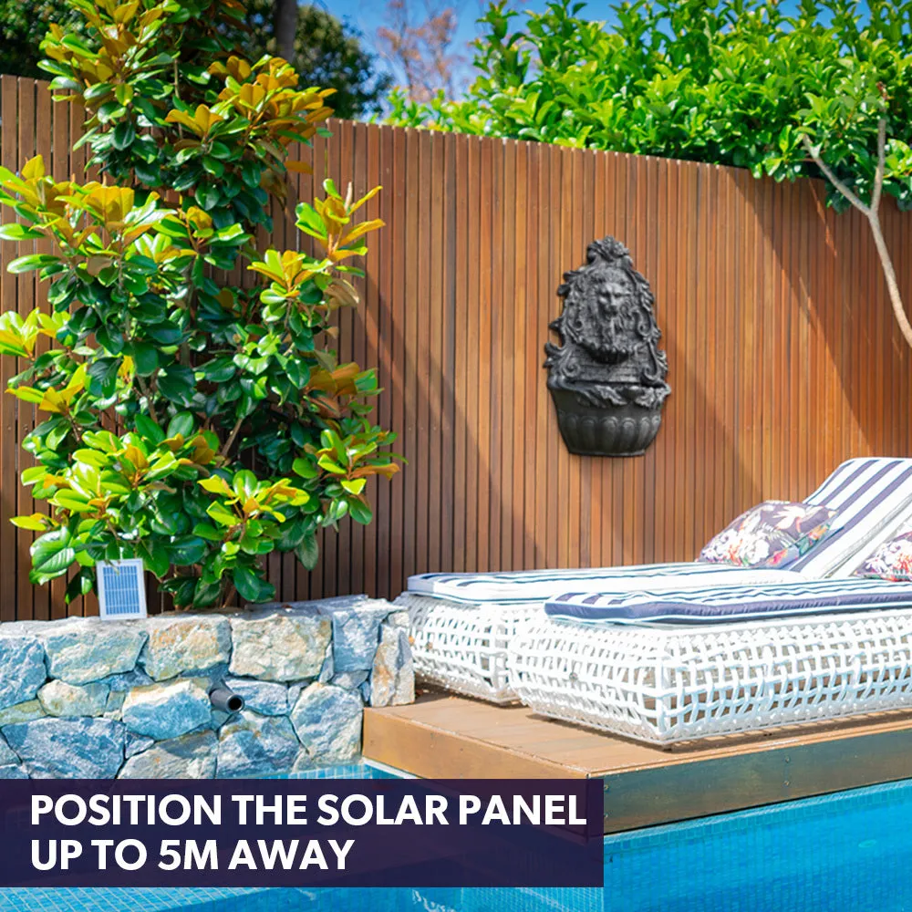 Lion Head Solar Water Fountain with LED, Polyresin, Dark Grey