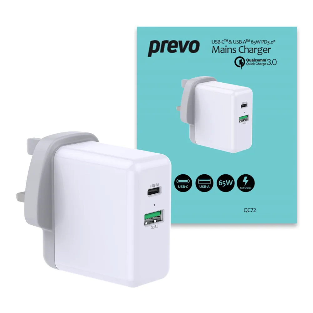 Prevo QC72 USB Type-C & USB Type-A Fast Charge Mains Charger - White | 093193
