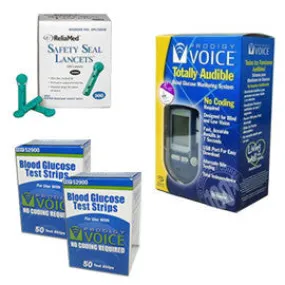 Prodigy Voice Glucose Meter Kit Combo (Meter Kit, Test Strips 100ct and Reliamed Safety Seal Lancets 100ct)