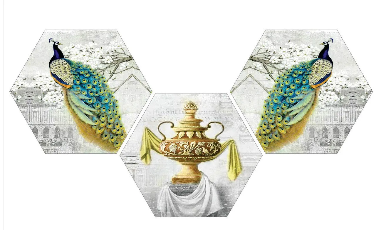 SAF paintings Set of 3 Hexagon Couple Peacock with Flower Pot UV Textured Multi-Effect MDF Painting 17 Inch X 17 Inch SANFHX41SMALL