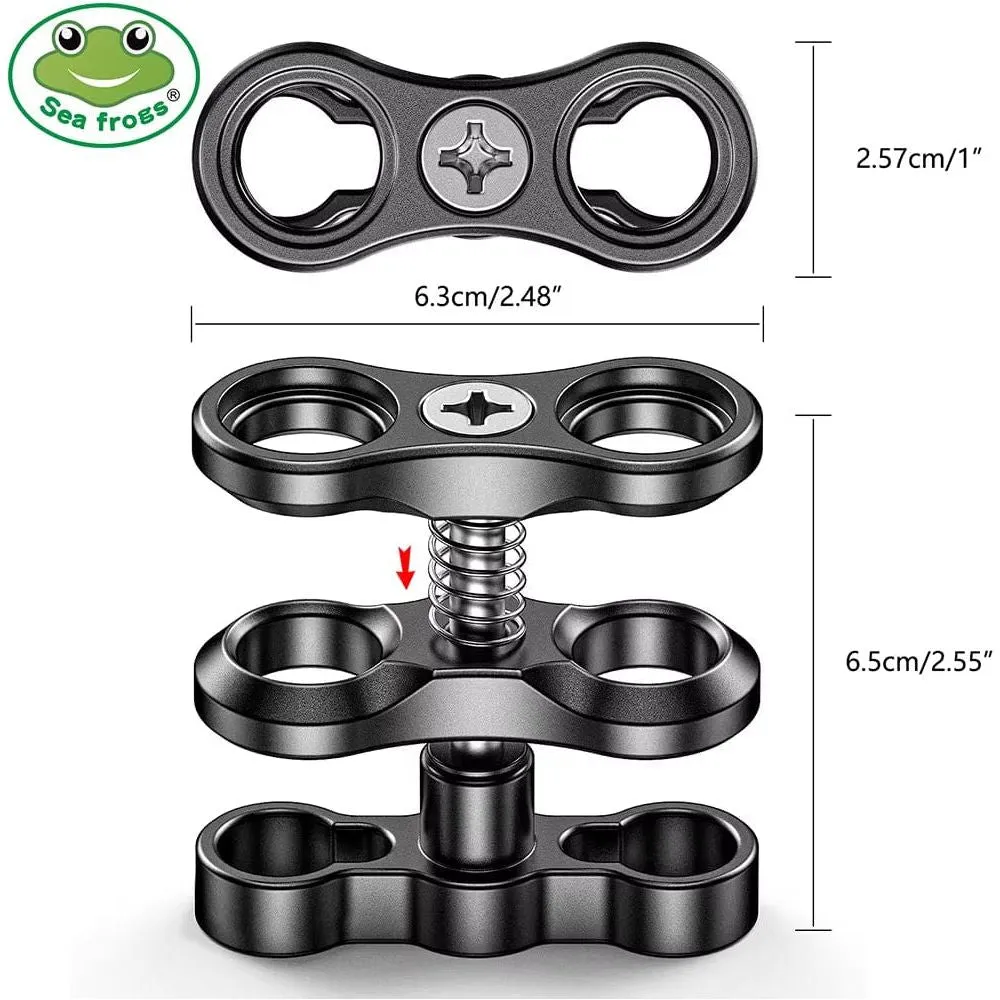 Seafrogs 2.55'' Ball Arm Clamp 2 Hole Camera Waterproof Case Tray Ball Joint Arm System Combination Clamp Dive Flashlight Holder