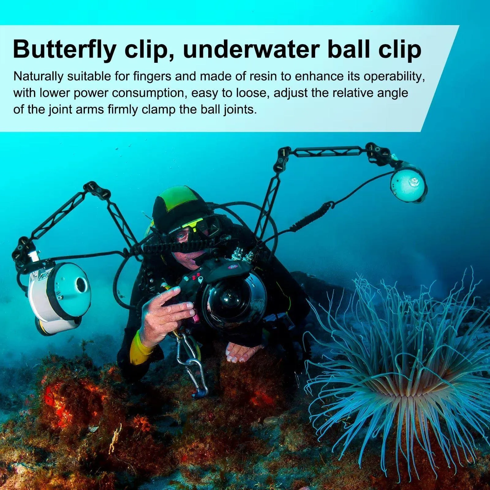 Seafrogs 2.55'' Ball Arm Clamp 2 Hole Camera Waterproof Case Tray Ball Joint Arm System Combination Clamp Dive Flashlight Holder