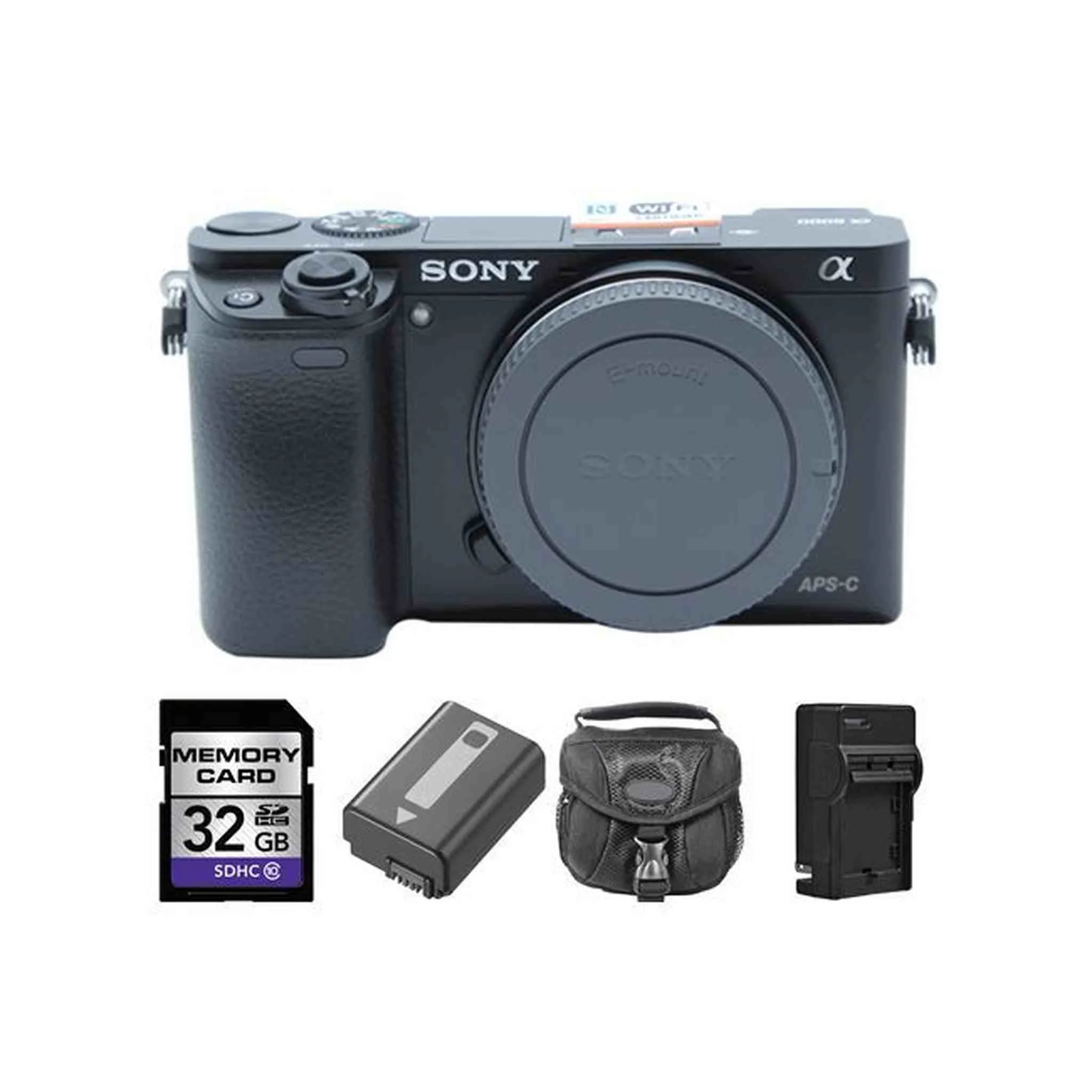Sony A6000 Mirrorless Digital Camera Body - Black   2 Batteries, 32GB Bundle