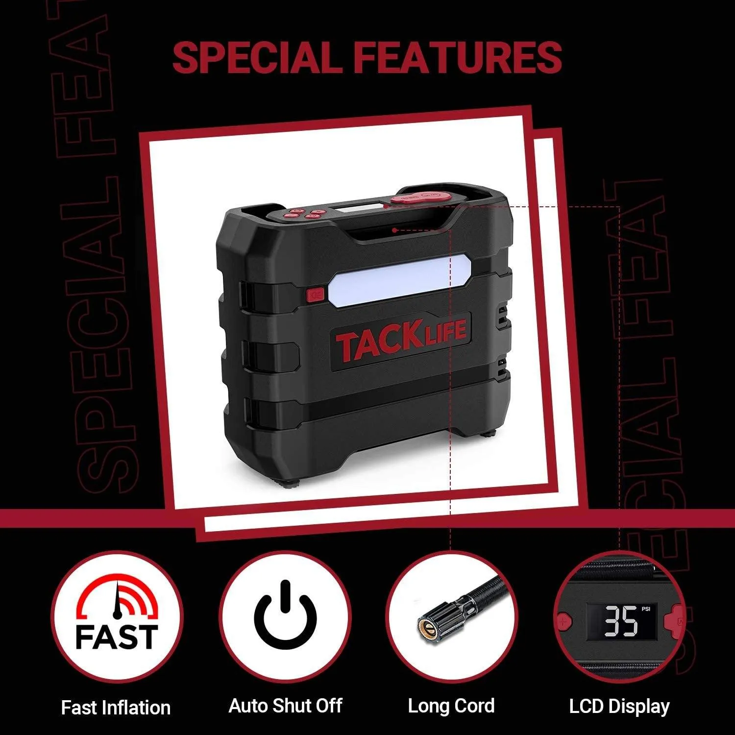 TACKLIFE Car Tire Inflator 12V DC Portable Air Compressor with 3 LED Lights