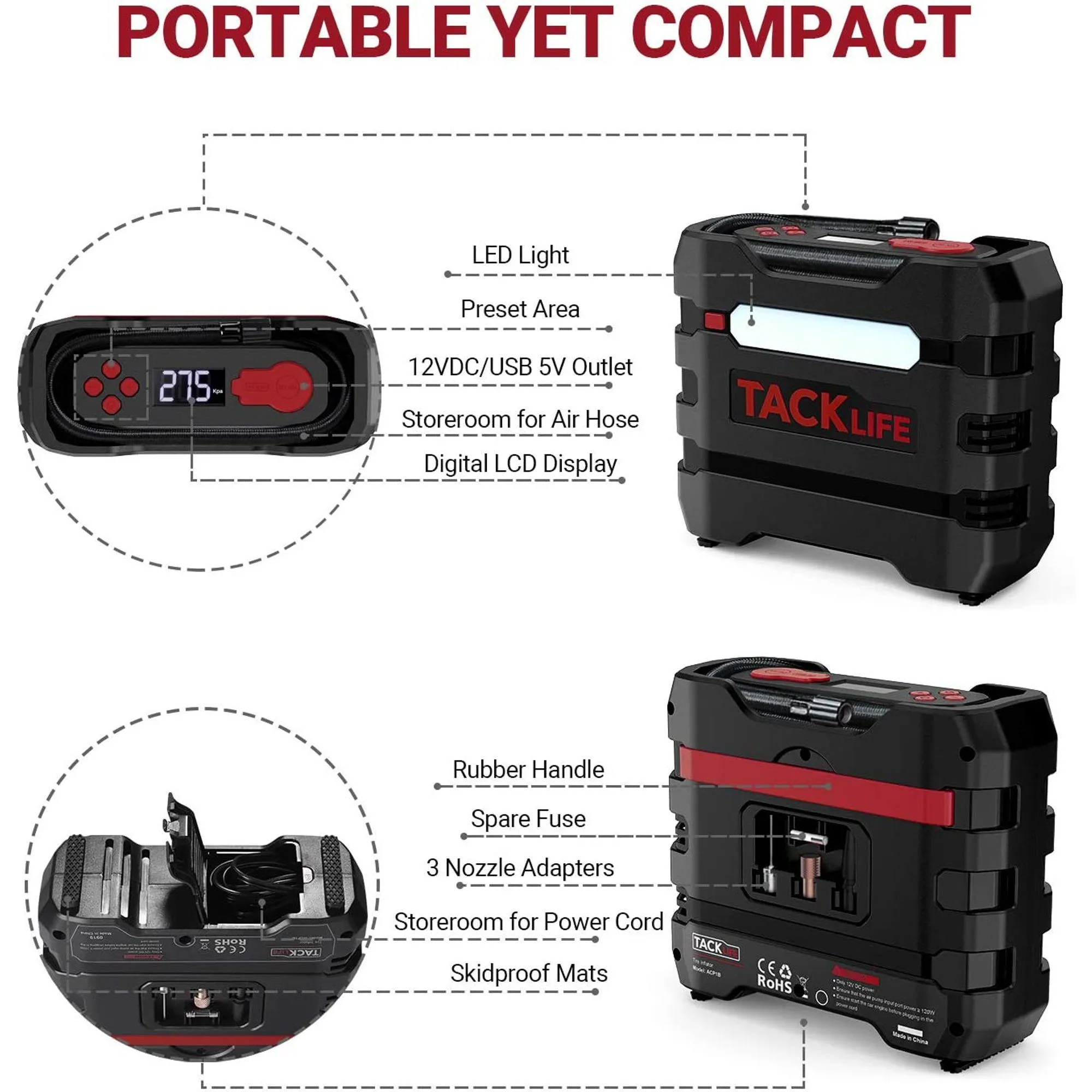 TACKLIFE Car Tire Inflator 12V DC Portable Air Compressor with 3 LED Lights