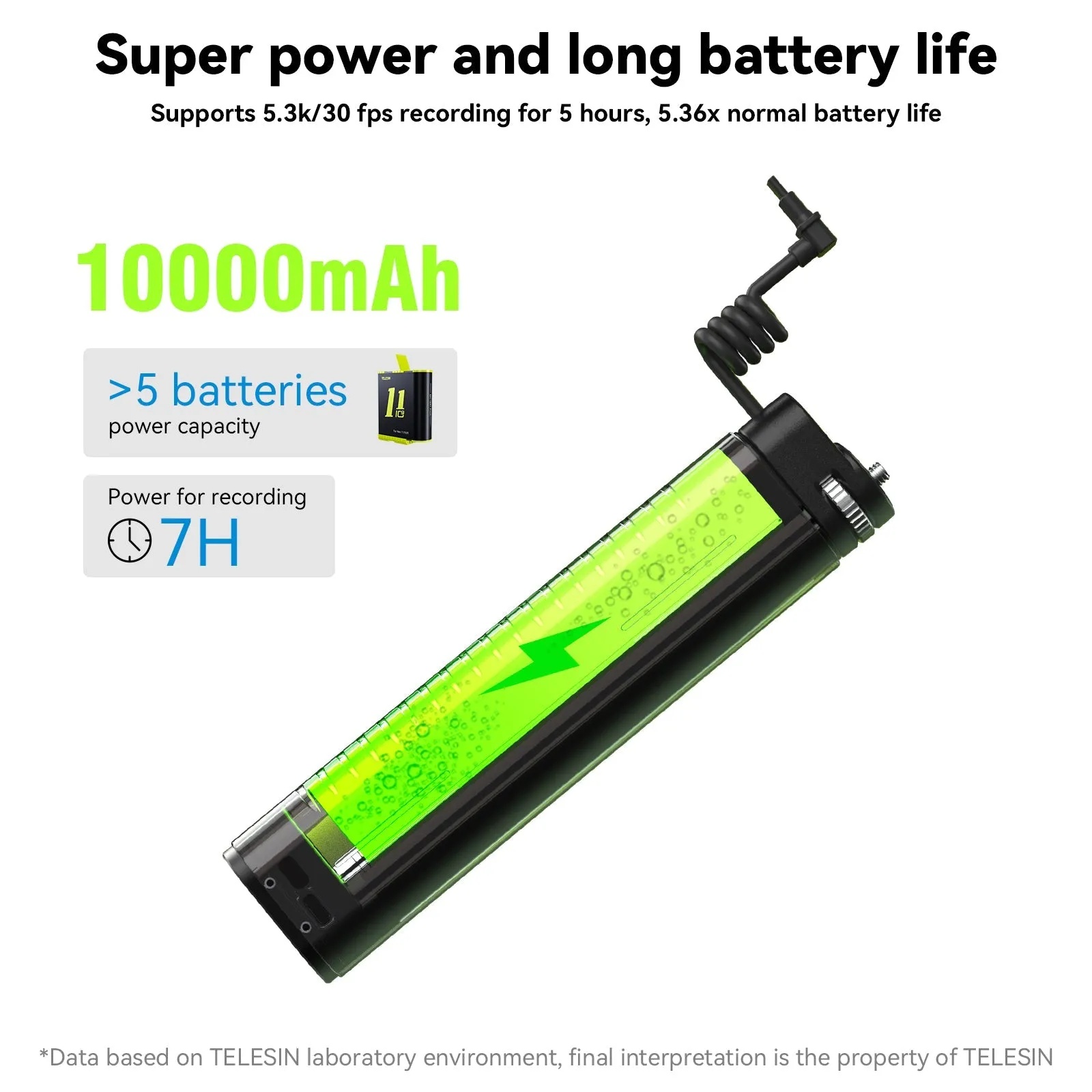 TELESIN 10000mAh Powerful Rechargeable Selfie Stick with USB-C Charging Cable for Cameras/ Phones