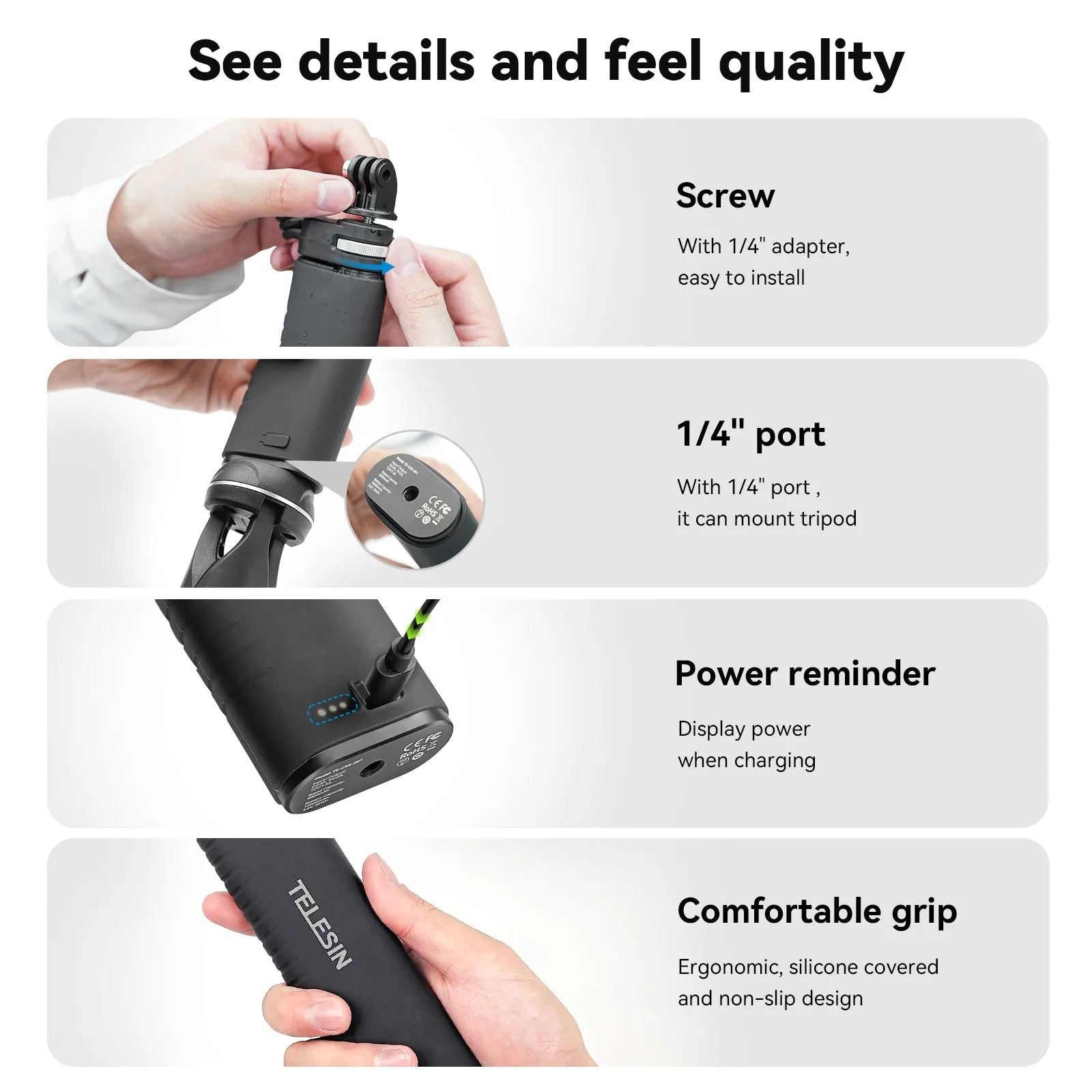 TELESIN 10000mAh Powerful Rechargeable Selfie Stick with USB-C Charging Cable for Cameras/ Phones