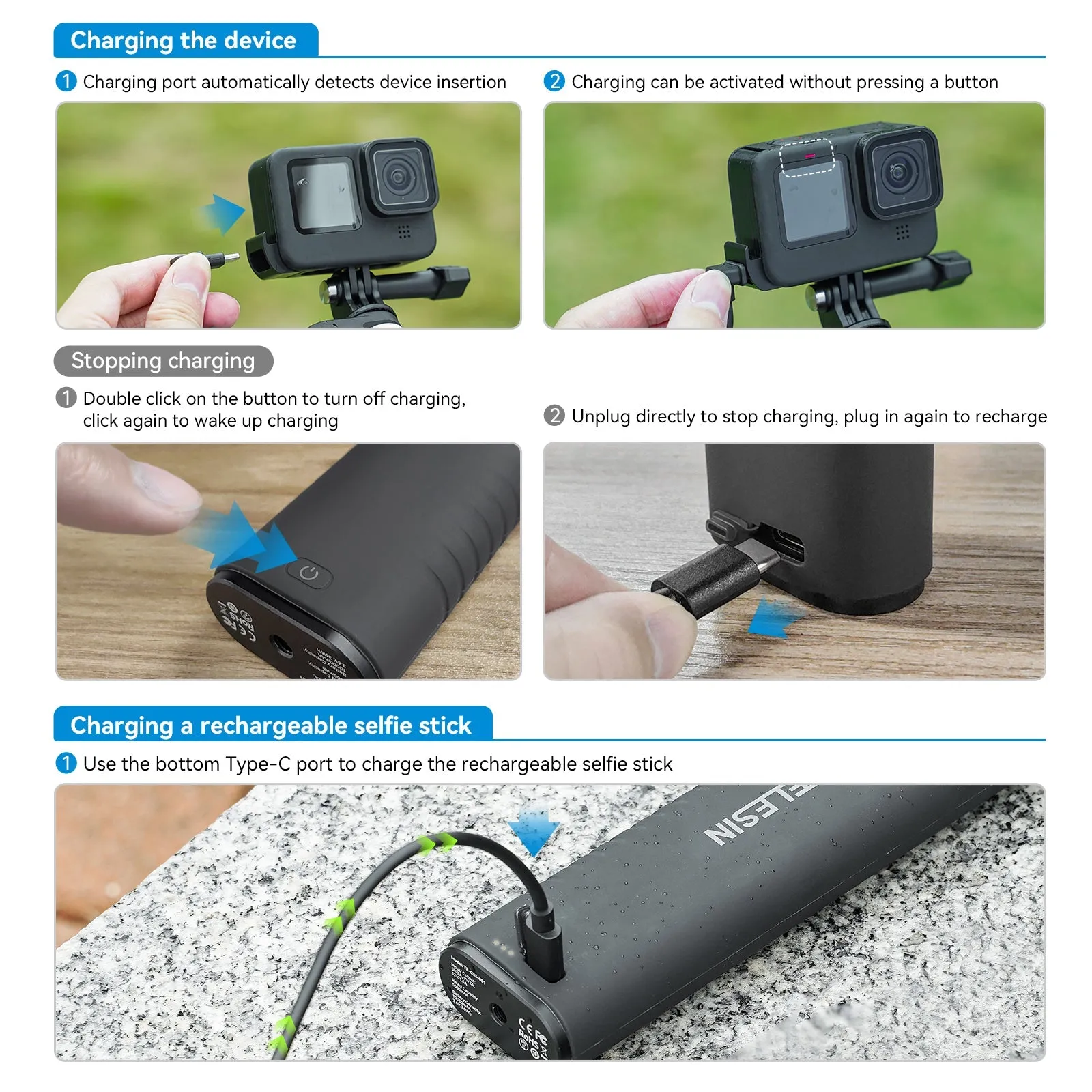 TELESIN 10000mAh Powerful Rechargeable Selfie Stick with USB-C Charging Cable for Cameras/ Phones