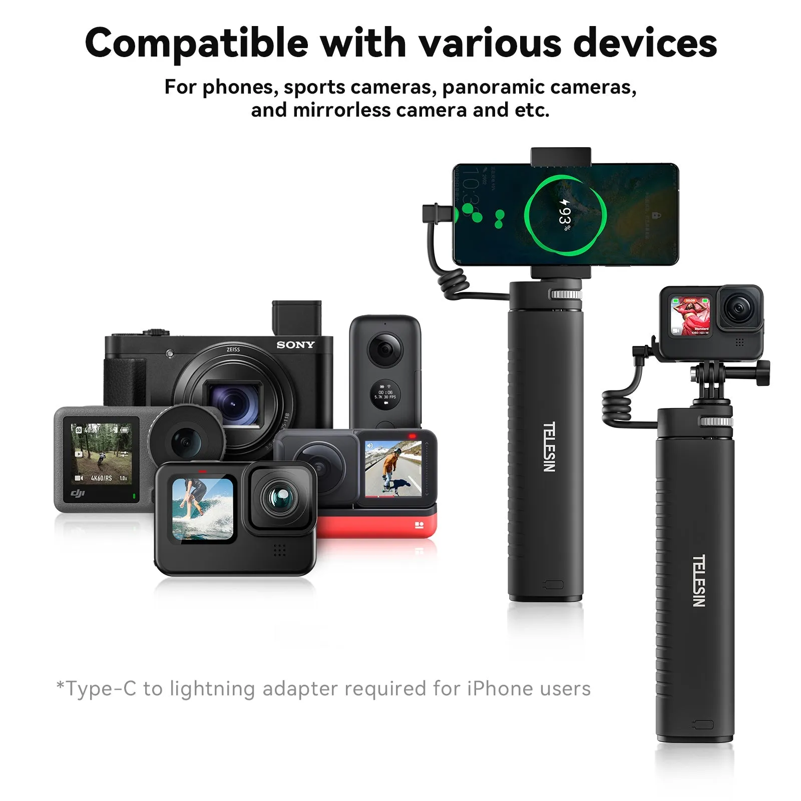 TELESIN 10000mAh Powerful Rechargeable Selfie Stick with USB-C Charging Cable for Cameras/ Phones