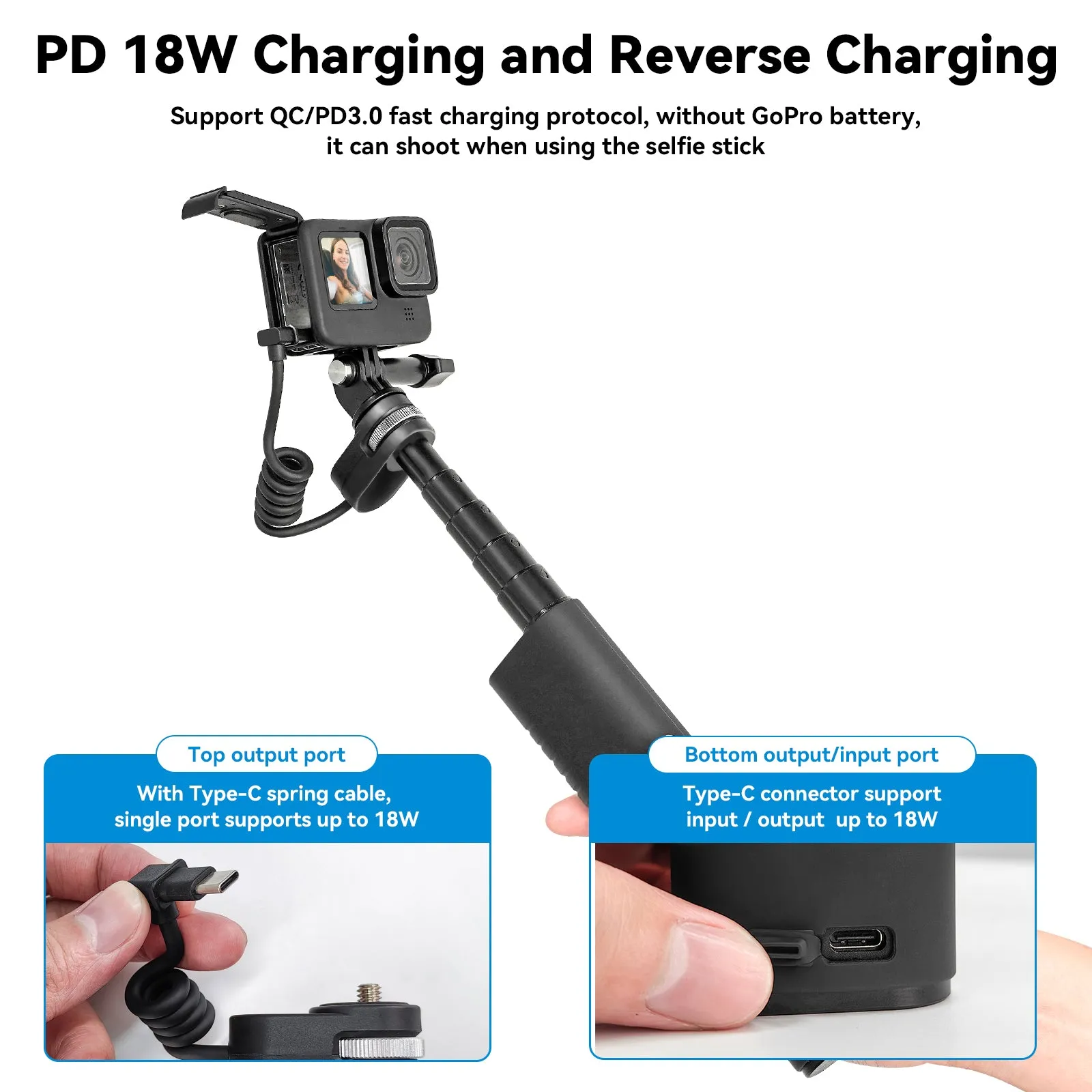 TELESIN 10000mAh Powerful Rechargeable Selfie Stick with USB-C Charging Cable for Cameras/ Phones