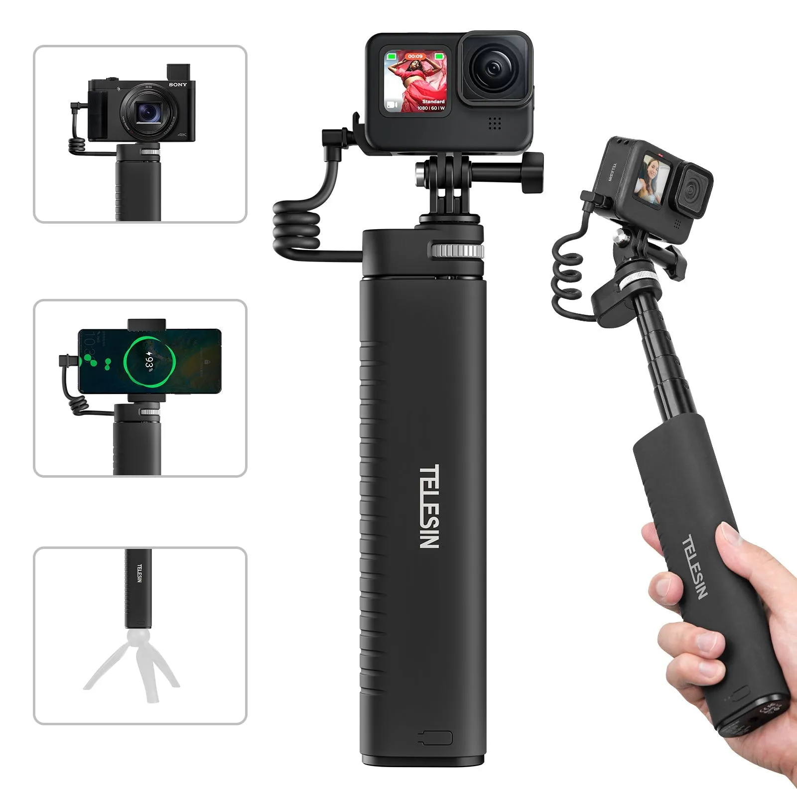 TELESIN 10000mAh Powerful Rechargeable Selfie Stick with USB-C Charging Cable for Cameras/ Phones