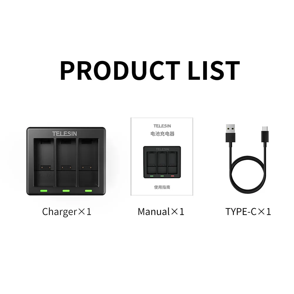 TELESIN 3 Slots Charger for GoPro Hero 9/10/11/12