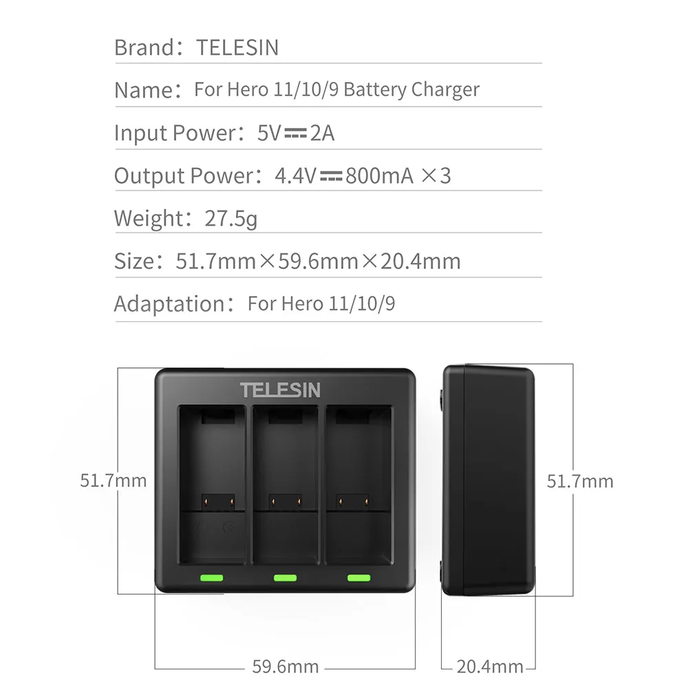 TELESIN 3 Slots Charger for GoPro Hero 9/10/11/12