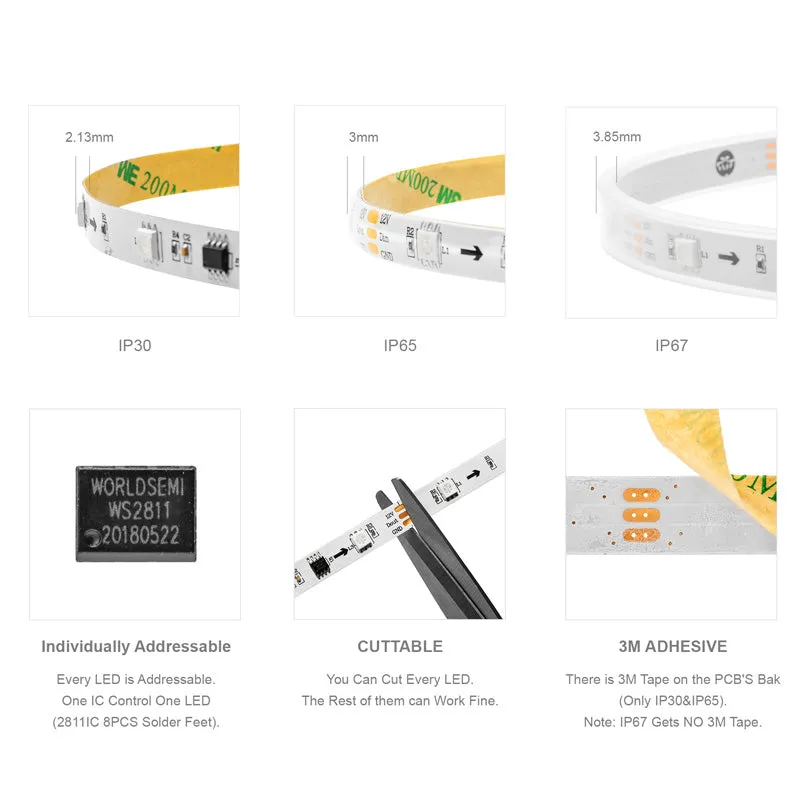 WS2811 RGB IC LED Strip Flexible Dream Color Addressable Chasing Effect 30/48/60/96/144LEDs/M DC 12V
