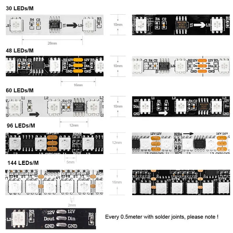 WS2811 RGB IC LED Strip Flexible Dream Color Addressable Chasing Effect 30/48/60/96/144LEDs/M DC 12V