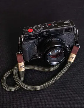 X  Checkered Olive/Black Rope -Dark Brown Leather Camera Strap - Bronze X